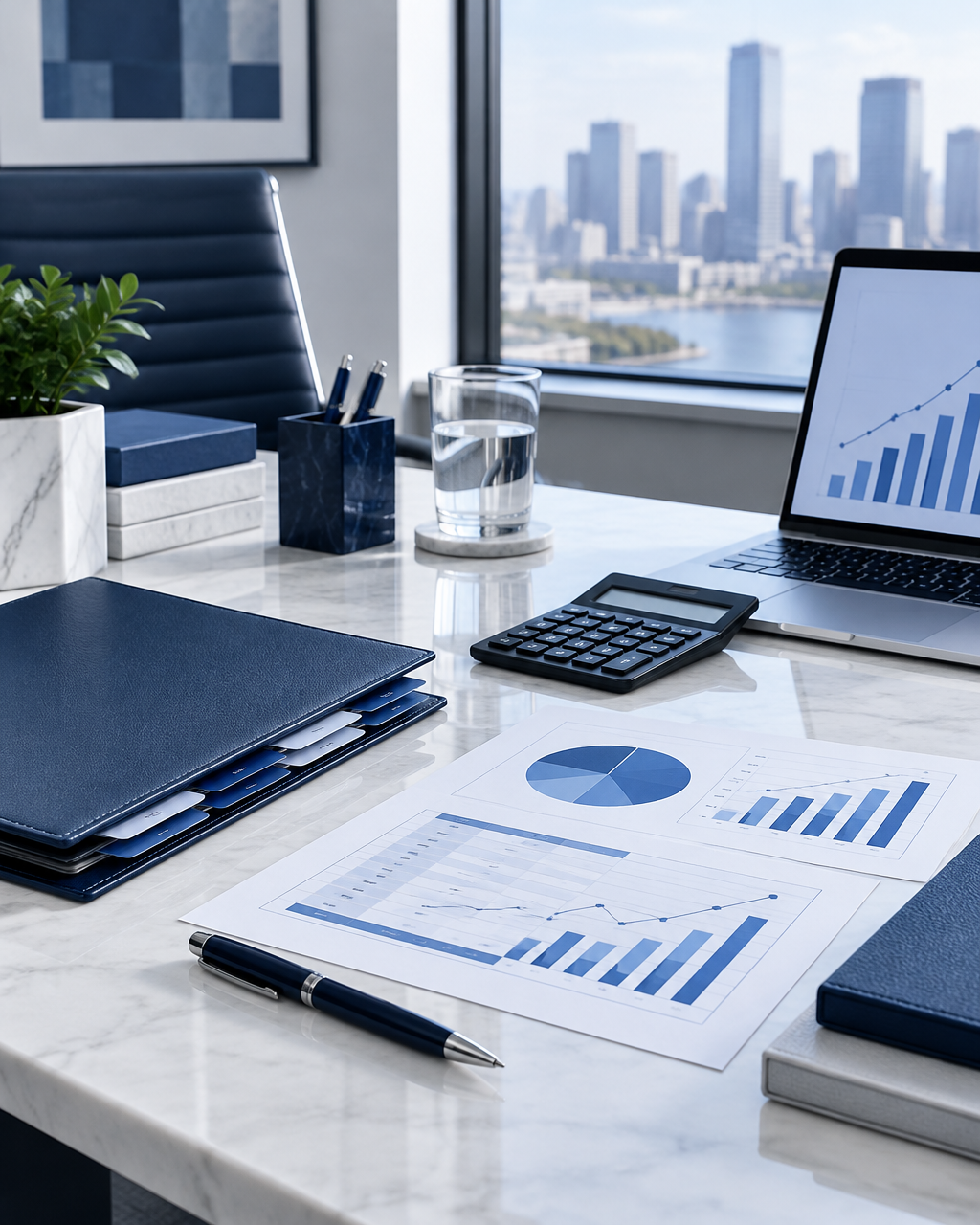 Organized financial documents, tabbed folders, calculator, and laptop with a simple chart