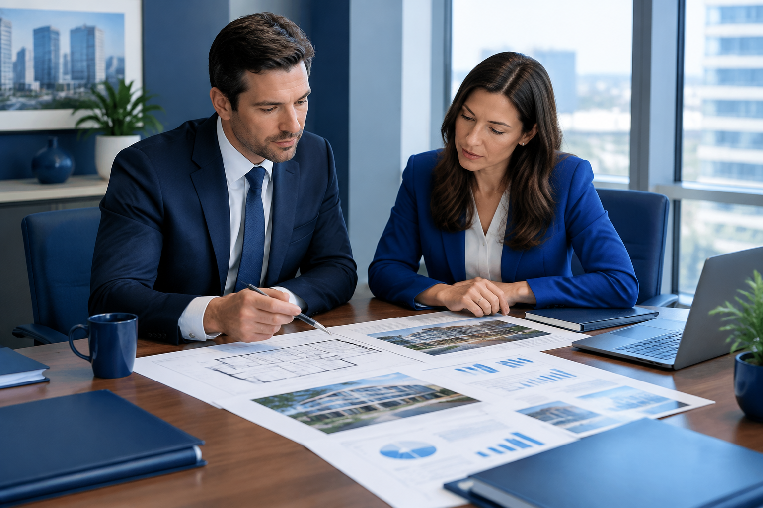 Professionals reviewing acquisition and real estate materials