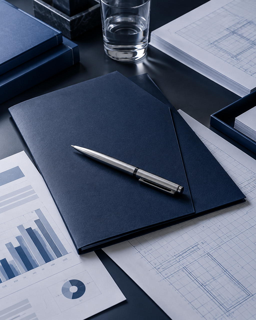 Organized business documents with a blueprint grid and pen on a navy folder