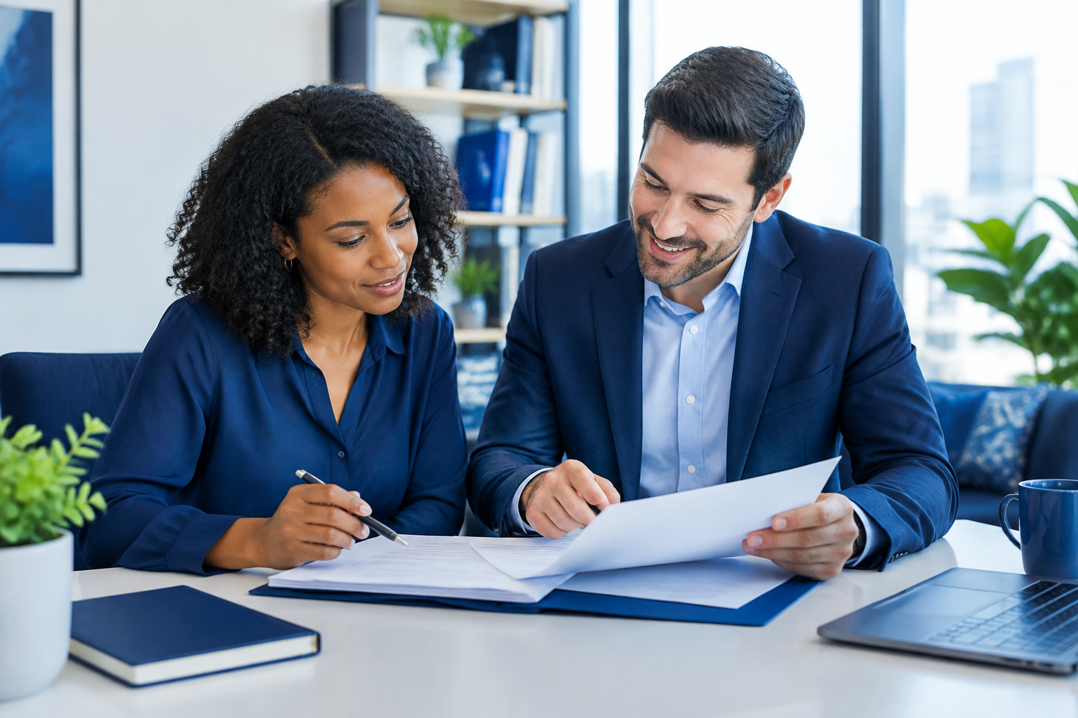 Business owner and advisor reviewing organized documents